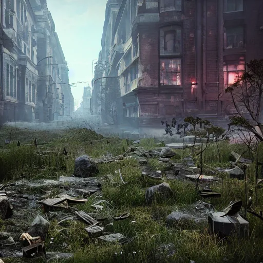 Image similar to post-apocalyptic overgrown moscow after losing the war, digital art, octane render, beautiful composition, trending on artstation, masterpiece