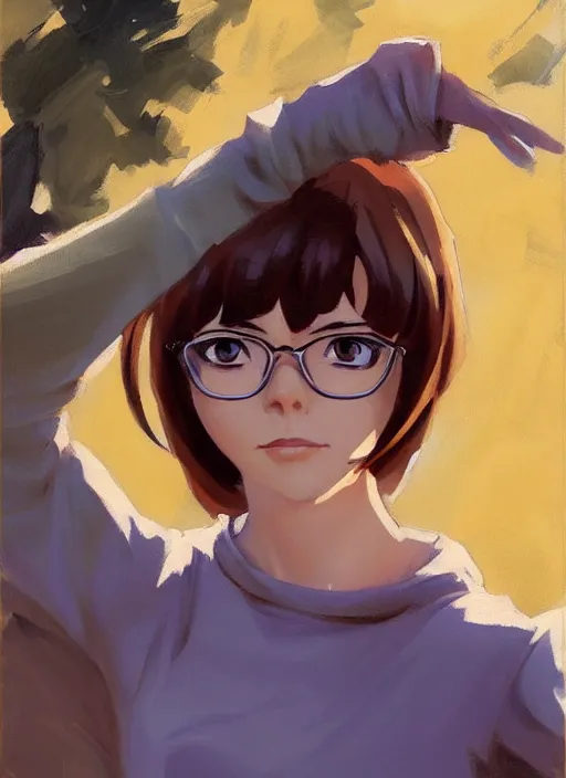 Prompt: Greg Manchess painting of Velma Dinkley, anime style, winged eyelashes, countryside, calm, fantasy character portrait, dark outlines, dynamic pose, above view, sunny day, artwork by Makoto Shinkai, very coherent asymmetrical artwork, sharp edges, perfect face, simple form, 100mm