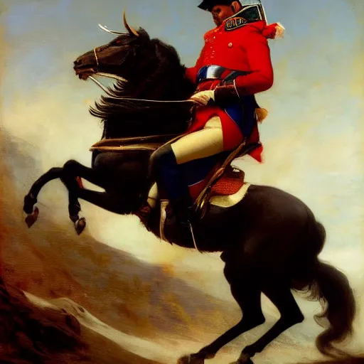 Prompt: Napoleon Bonaparte riding to battle on his electric scooter by Jeremy Lipkin and Giuseppe Dangelico Pino, oil on canvas, epic pose, cinematic, poster, 8k