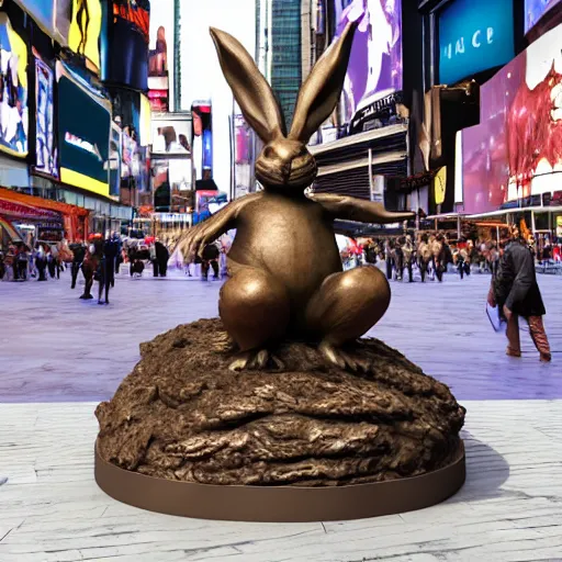 Prompt: a realistic bronze sculpture of a very scary bunny with sharp teeth made by michelangelo, standing in times square, 3 d render, hyper detailed, sharp focus, 8 k resolution