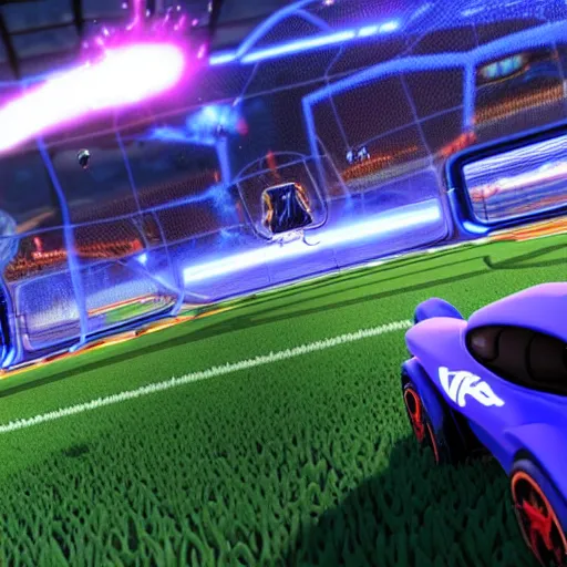 Image similar to rocket league, car soccer, boom, goal, demo, explosion, action shot, lens flares, rim light, raytracing, glow, haze, hyper - realistic, micro details, octane render, unreal engine, cinematic shot