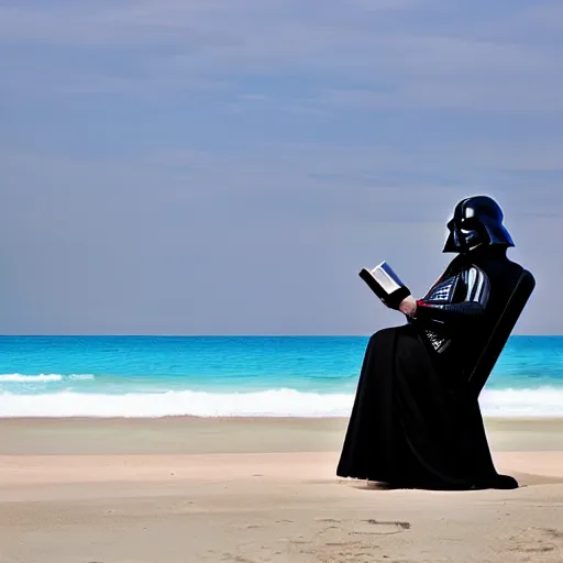 Image similar to darth vader sunbathing in the beach while reading