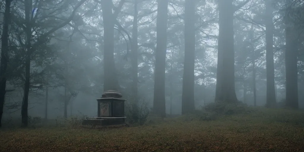 Image similar to a single tomb in the middle of a foggy forest, ornate, foggy