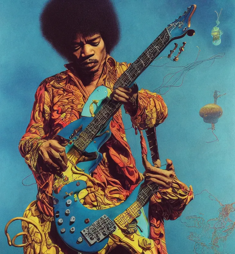 Prompt: jimi hendrix playing guitar, colourful afrofuturist biomorphic opart scifi in background, octane render 8 k, pascal blanche, josh kirby, roger dean, james jean, giger, arthur rackham, moebius, syd mead, killian eng beksinski, greg hildebrandt, scifi, 8 k