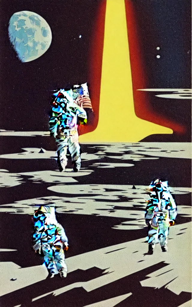 Prompt: Apollo 11. bauhaus art. retro comicbook art. dean ellis.