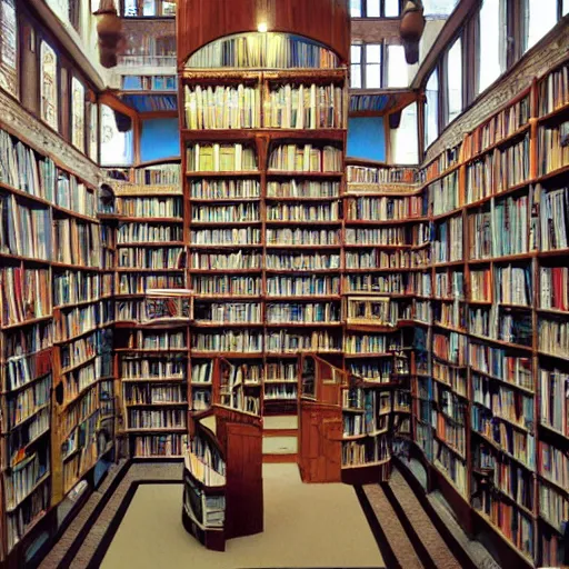 Image similar to a multistory bookshop, 85mm dslr photo by Malcolm Morley, featured on cg society, arts and crafts movement, national geographic photo, streetscape, atmospheric, early evening, cloudy