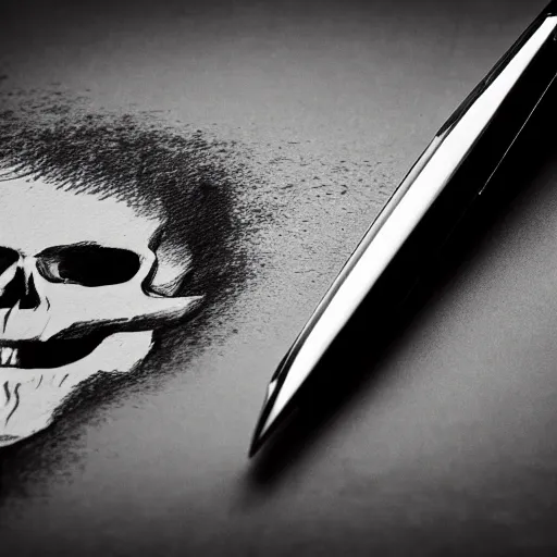 Image similar to A fountain pen lying on an black canvas, leaking ink, in shape of a skull, award winning photography, black and white, law of thirds