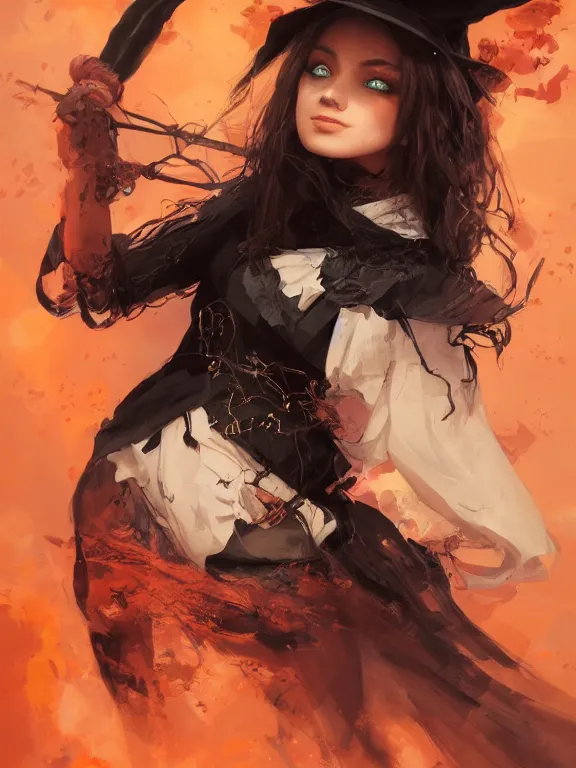 Image similar to Full shot of a mischievous young witch about to get up to some trouble. Latin American fashion. Black and Orange palette. Latina girl. brown skin. Symmetrical facial features. By Ruan Jia and Artgerm and Range Murata and WLOP and Ross Tran. Key Art. Fantasy Illustration. award winning, Artstation, intricate details, realistic, Hyperdetailed, 8k resolution.