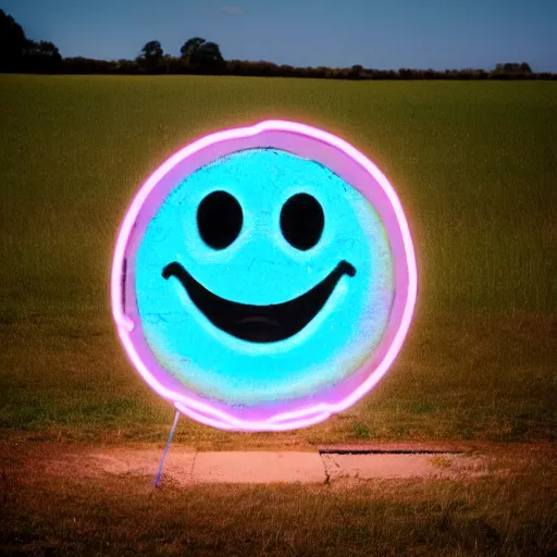 Image similar to a pastel colour Polaroid photo of large smiley face cut out of transparent neon iridescent perspex stood in a field, nostalgic