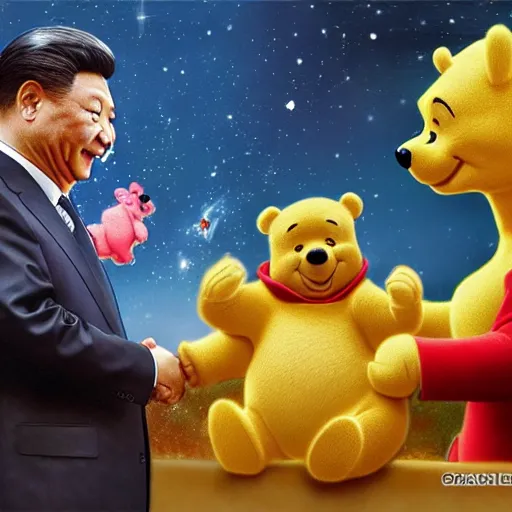 Image similar to chinese president xi jinping and winnie the pooh are best friends, smiling faces side by side, cinematic composition, epic dramatic lighting, realistic, hyperdetailed, photorealistic, photograph, epic scale by gaston bussiere