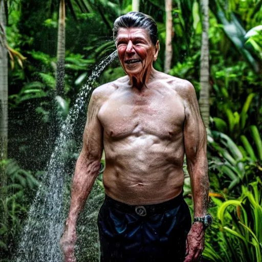 Image similar to 4 k hdr full body wide angle portrait of ronald reagan showering in a tropical bali jungle shower with moody overcast stormy lighting