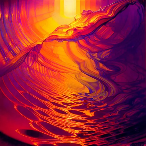 Image similar to transcendent mind bending indigo waves of glossy psychedelic liquid honey flowing like kaleidoscopic translucent amber, lsd waves, honey ripples, enlightenment, dramatic professional lighting, refracted sunset lighting, highly detailed, concept art, art by collier, albert aublet, krenz cushart, artem demura, alphonse mucha