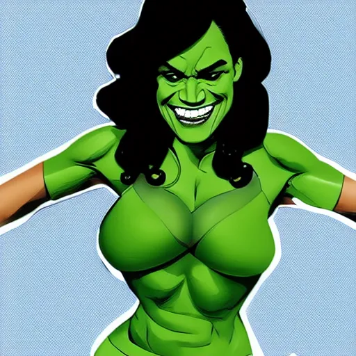 Prompt: Actress Rosario Dawson as She-Hulk, smiling, poster framed, comic pinup style, sports illustrated, detailed legs, artstation, illustration, posterized, Roge Antonio, Jen Bartel