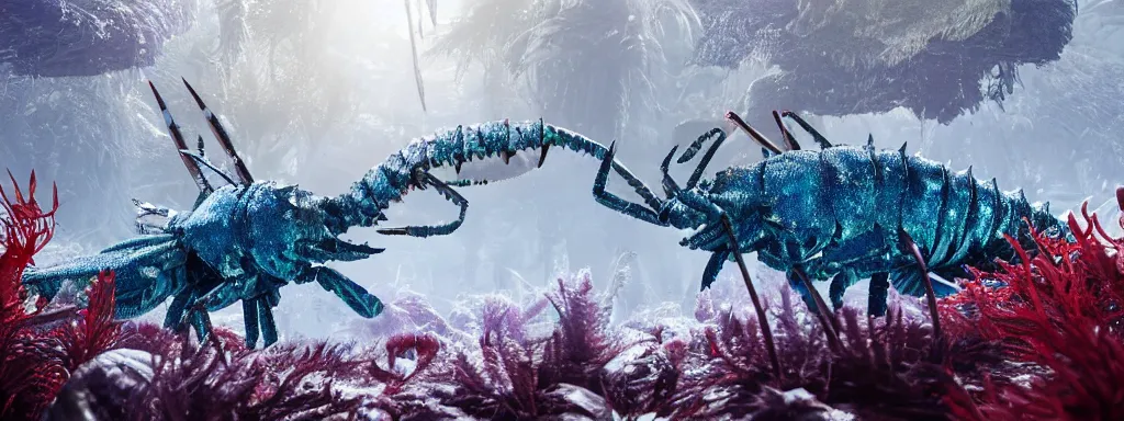 Image similar to large sabretooth lobster with shiny blue fish scales skin and silver electric claws, walking in a dense alien snow covered frosty jungle, with snow covered colourful red, blue and purple plants, large vines, snow covered arched organic rock structures, in the style of monster hunter world, like concept art on artstation, hyperdetailed, vray render, octane render,