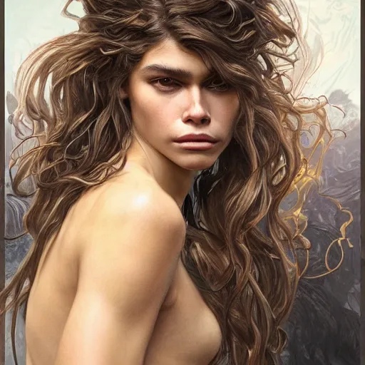 Image similar to Kaia Gerber as Medusa, frowning, scowl, snakes for hair, intricate, elegant, highly detailed, digital painting, artstation, concept art, smooth, sharp focus, illustration, art by artgerm and greg rutkowski and alphonse mucha