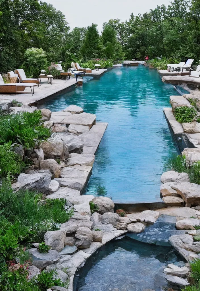 Prompt: Beautiful backyard pool with stone walkway and wooden lounge chairs