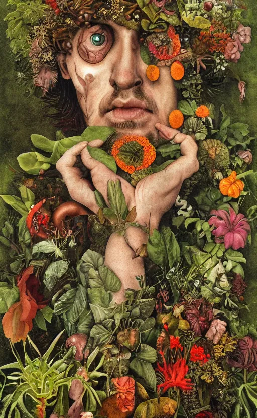 Image similar to a becoming and phenomenal jesus in the rain from clockwork orange in a lush garden full of diverse plants, by mab graves and giuseppe arcimboldo. luminism. hypermaximalist. gouache. trending on artstation.