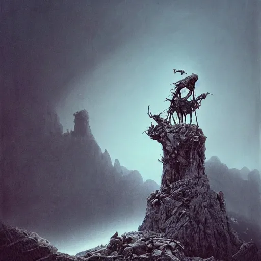 Prompt: post apocalyptic skull on top of the mountain of bones by zdzisław beksinski, digital art, award winning, trending on artstation, digital art. highly detailed 8 k. intricate. lifelike. soft light,