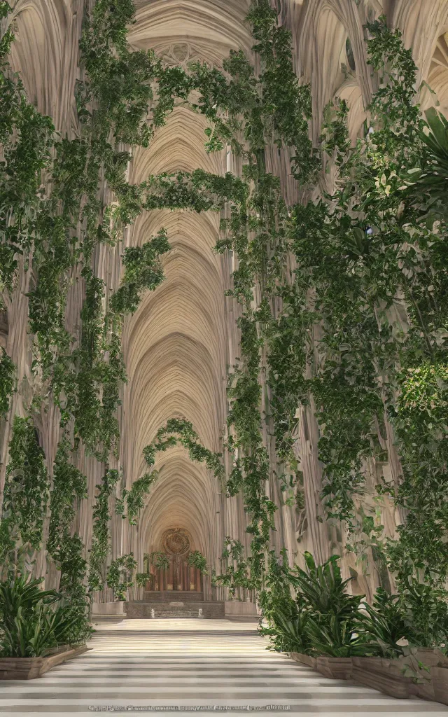 Image similar to beautiful grand cathedral interior with!! koi pond!! in the! middle! surrounded by palm trees, ivy,!! flowers!!, ( tropical plants ),!! roses!!, and with archways, rendered in octane render with photorealistic volumetric cinematic lighting, wide angle, horizontal symmetry, symmetrical! 8 k