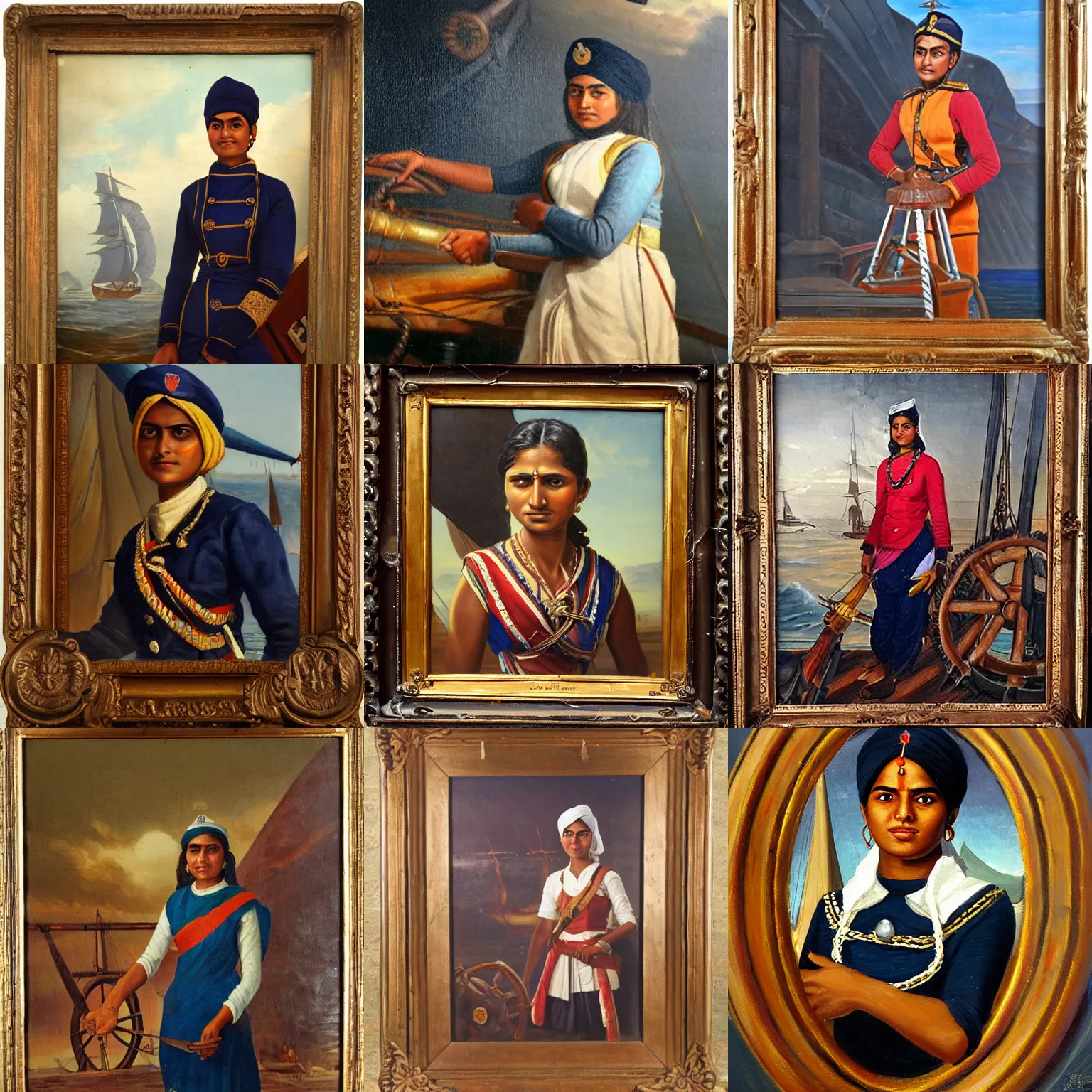 Prompt: A young Indian female Navy Captain standing at the ship's wheel, Age of Sail era oil painting