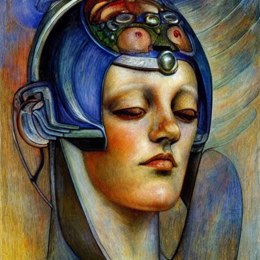 Image similar to the android in her iron crown, by Annie Swynnerton and Diego Rivera, symbolist, dramatic lighting, elaborate geometric ornament, Art Brut ,god rays, soft cool colors,smooth, sharp focus, extremely detailed, Adolf Wölfli