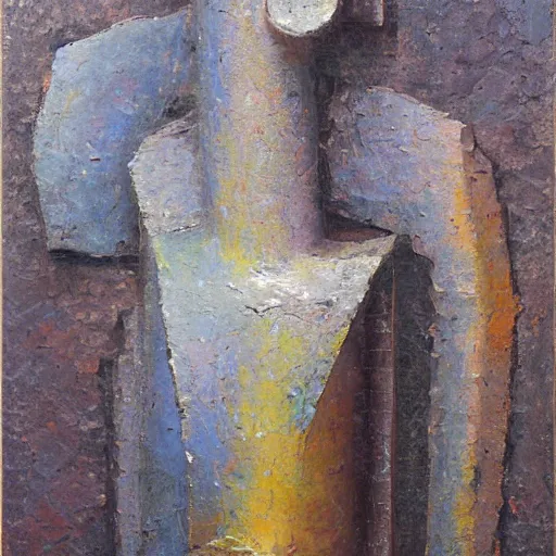 Prompt: an impasto melancholic painting by shaun tan of an abstract forgotten sculpture by the caretaker and ivan seal