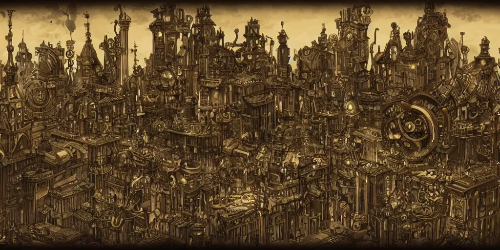 Image similar to a golden steampunk city in the style of arcane