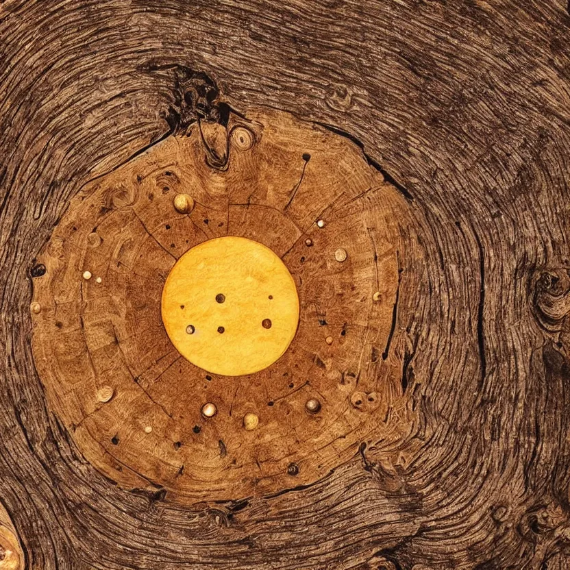 Prompt: wood engraving of a solar system burned into a slice of log, on a white background