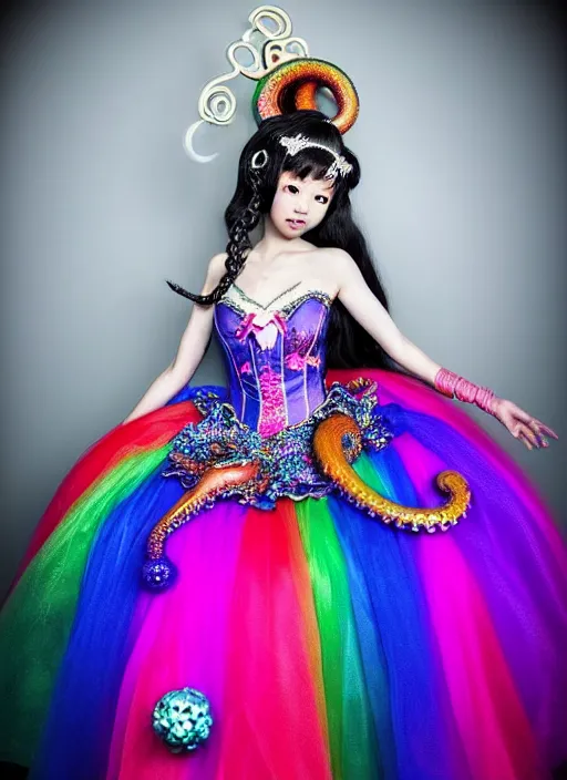 Image similar to A full body shot of a cute and mischievous monster princess with Sailor Moon hair made of tentacles wearing an ornate ball gown covered in jewels. Dynamic Pose. Quinceanera dress. Rainbow palette. rainbowcore. Eldritch Beauty. defined facial features, symmetrical facial features. Opalescent surface. beautiful lighting. By Giger and Ruan Jia and Artgerm and WLOP and William-Adolphe Bouguereau. Photo real. Hyper-real. Photorealism. Fantasy Illustration. Sailor Moon hair. Masterpiece. trending on artstation, featured on pixiv, award winning, cinematic composition, dramatic pose, sharp, details, Hyper-detailed, HD, HDR, 4K, 8K.