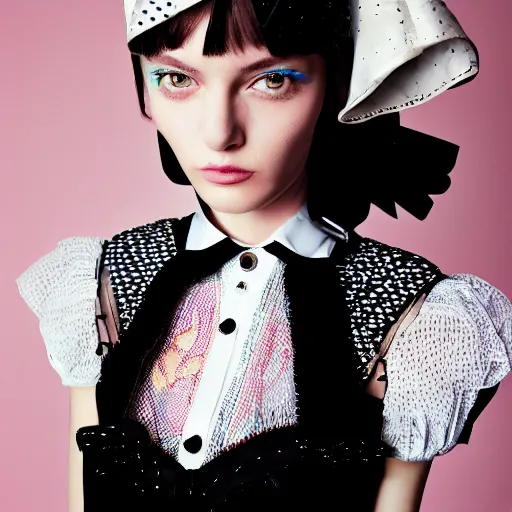 Prompt: close up of a fashion model with french maid dress, official valentino editorial, highly detailed