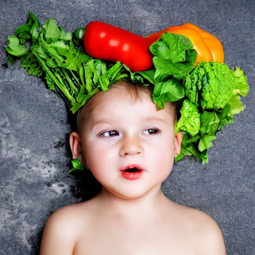 Image similar to a child made of vegetables, photo realistic, professional photography