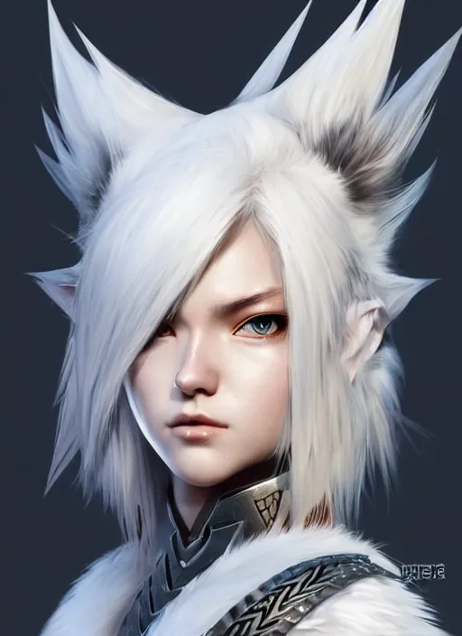 Image similar to warrior, fur - lined armor!!! beautiful and gorgeous white haired female!! monster hunter!! character concept art, sharp focus, octane render! unreal engine 5! highly rendered!! trending on artstation!! detailed linework!! illustration by artgerm, wlop, and chie yoshii