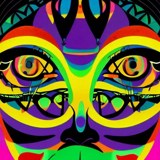 Image similar to closeup portrait of a black woman with yellow eyes and a rainbow background, digital art by tomokazu matsuyama, by ed paschke, behance contest winner, generative art, irridescent, retrowave, grain, androgynous, black background