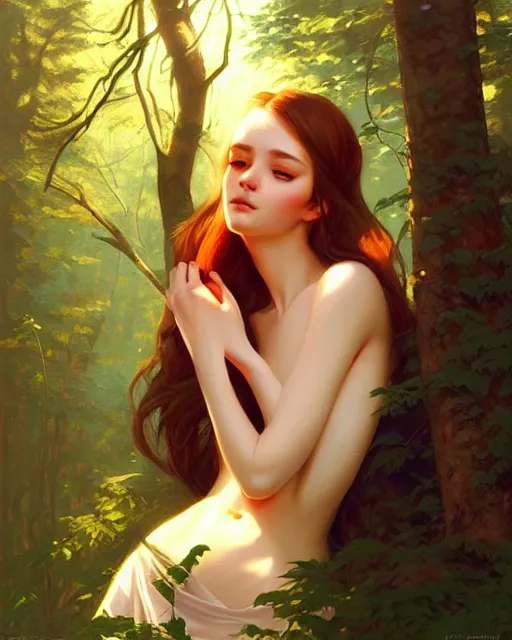 Prompt: stylized portrait of an artistic pose, composition, young forest nymph surrounded by nature, realistic shaded, fine details, realistic shaded lighting poster by ilya kuvshinov, magali villeneuve, artgerm, jeremy lipkin and michael garmash and rob rey