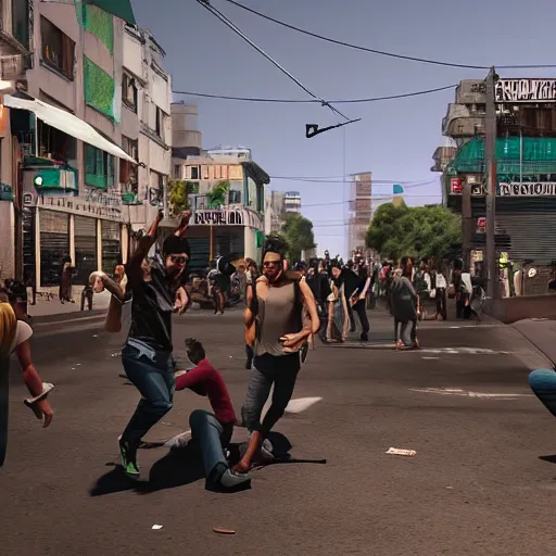 Prompt: people causing trouble in the streets of a south american city, ultra realistic, cinematic, dynamic light, photorealistic