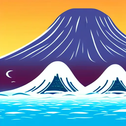 Image similar to giant tsunami wave that is 20 miles high, approaching about to crash into a small coastal town. miniature buildings compared to giant waves are so tall, they seem to touch the sky, large scale image, cartoon color drawing vector illustration, 2d photorealistic flat anime style