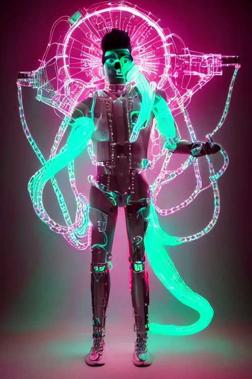 Image similar to full-body rococo and cyberpunk style mint neon and ceramic statue of a muscular pale Zayn Malik as a robot god humanoid wearing a thin see-through plastic cloak sim roupa, posing like a superhero, suspended to the wall thick clear cables around his wrists, glowing peach face, crown of pink steampunk lasers, large diamonds, swirling silver silk fabric. futuristic elements. oozing glowing liquid, full-length view. space robots. human skulls. throne made of bones, intricate artwork by caravaggio. Trending on artstation, octane render, cinematic lighting from the right, hyper realism, octane render, 8k, depth of field, 3D