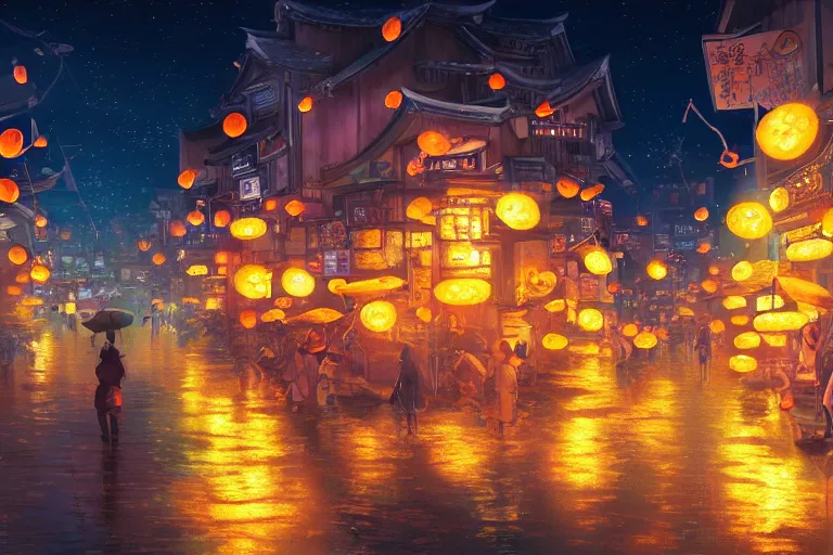 Image similar to fantasy art of glowing goldfish swimming in the air, in the streets of a japanese town at night, with people watching in wonder, by studio ghibli and makoto shinkai, highly detailed digital art, trending on artstation