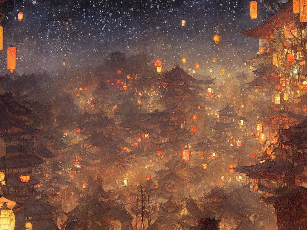 Prompt: view from the river of a beautiful painting of the lantern festival in a an ancient japanese town, at night with a sky full of stars, intricate, elegant, highly detailed, digital painting, artstation, concept art, by krenz cushart and artem demura and alphonse mucha