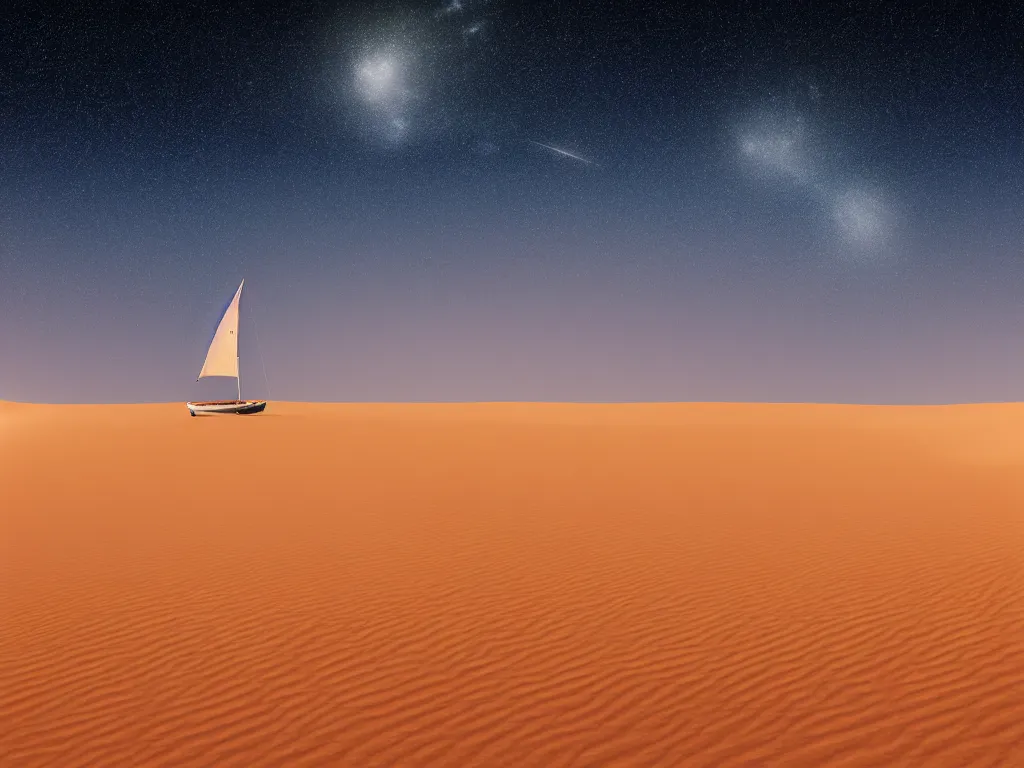 Image similar to cinematic, film grain, photography, epic composition, realistic, 3 5 mm, a small sailboat sailing in the a sandstorm, in the sahara desert, midnight, starry sky, shooting stars, octane rendering, 8 k, epic lighting