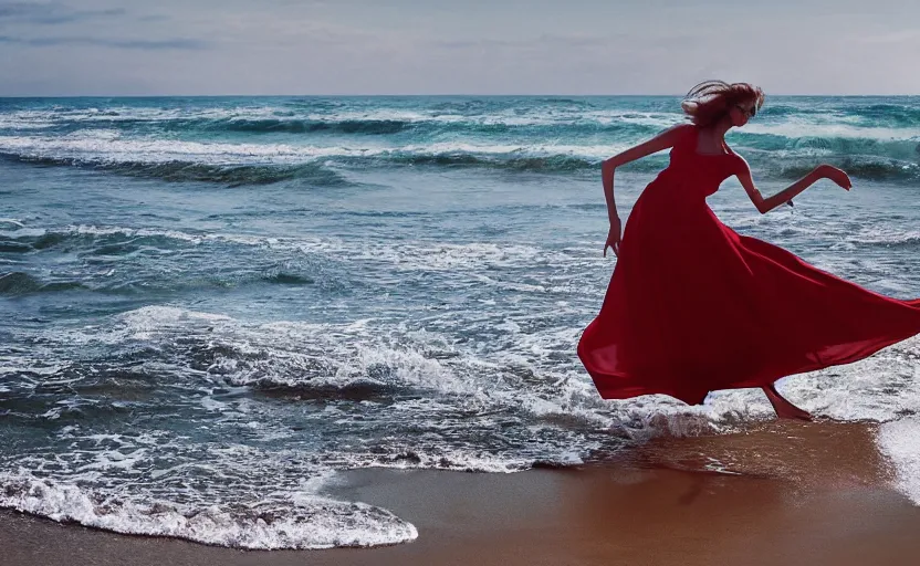 Prompt: an editorial in Vogue of a female model riding a hore along a beautiful beach, long hair and floating dress in the wind, by Peter Lindberg, etheral, dramatic, 8k, ultra detailed digital art