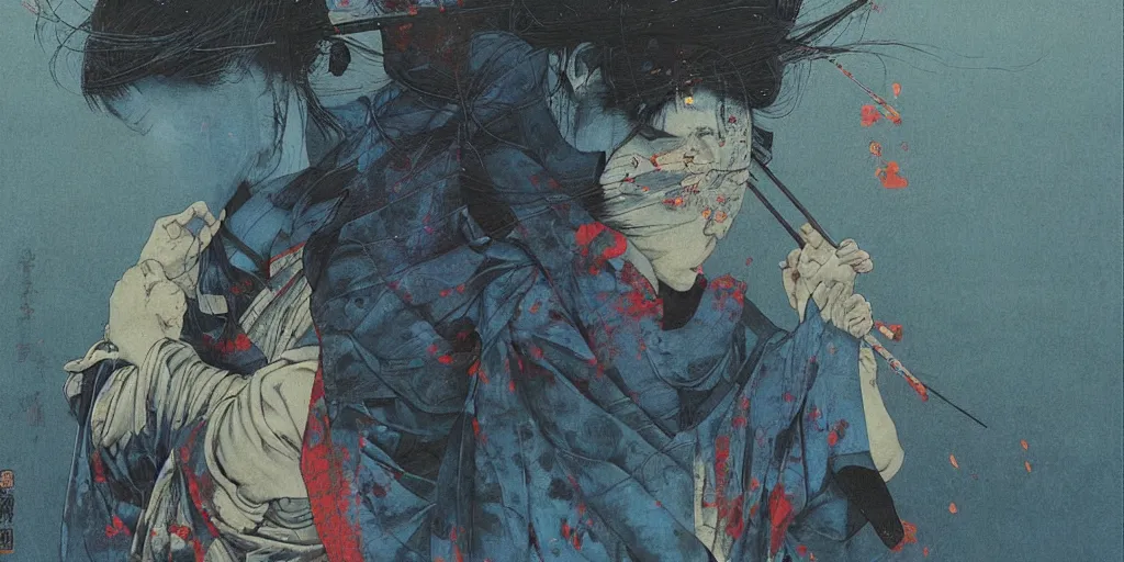 Image similar to Japanese schoolgirl runs away from Samurai with a katana on the subway, high detailed Beksinski painting, part by Adrian Ghenie and Gerhard Richter. art by Takato Yamamoto. deep colours, blue