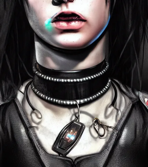 Prompt: detailed realistic female character cyberpunk wearing thick steel collar around neck, realistic, art, beautiful, 4K, collar, choker, collar around neck, punk, artstation, detailed, female, woman, choker, cyberpunk, neon, punk, collar, choker, collar around neck, thick collar, tight around neck, punk, choker