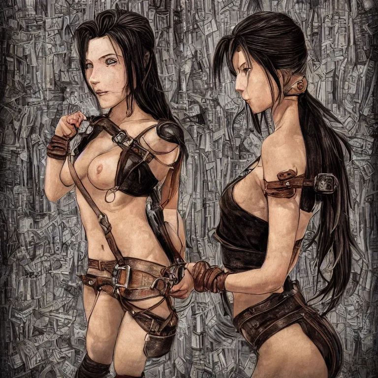 Image similar to bemused to be locked in a leather neck restraint, Tifa Lockhart in a full frame zoom up of her face and neck, looking upwards in a room of old ticking clocks, complex artistic color ink pen sketch illustration, full detail, gentle shadowing, fully immersive reflections and particle effects, concept art by Artgerm, art by Range Murata, art by Studio Ghibli