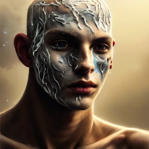 Image similar to portrait painting of young man with burn scars on his face and poorly shaved hair wearing tattered light armor, ultra realistic, concept art, intricate details, eerie, highly detailed, photorealistic, octane render, 8 k, unreal engine. art by artgerm and greg rutkowski and charlie bowater and magali villeneuve and alphonse mucha