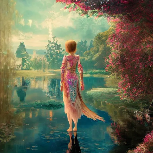 Prompt: nicolas cage as a beautiful young girl in intricate clothing by ross tran, walking in a castle, lake painted by sana takeda, rtx reflections, very high intricate details, painting, digital anime art, medium shot, mid - shot, composition by ilya kuvshinov, lighting by greg rutkowski