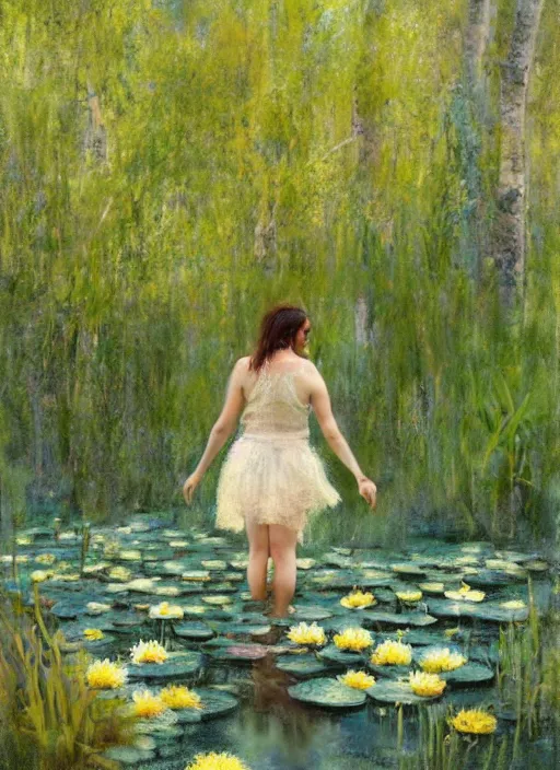 Image similar to full body portrait of a beautiful woman wading knee height in a shallow pond, obscured by water lilies, aspen grove in the background, by Jeremy Mann, stylized, detailed, loose brush strokes, pastel colors, green and yellow tones