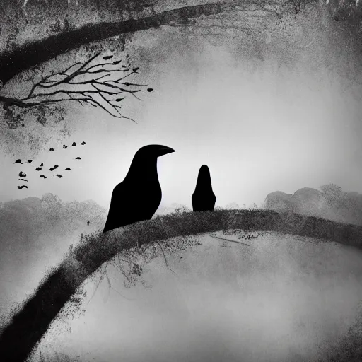 Prompt: two crows staring at you ominously, spooky background with dark trees in the fog