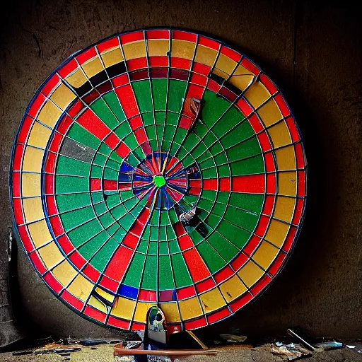 Image similar to a dartboard, in an abandoned room