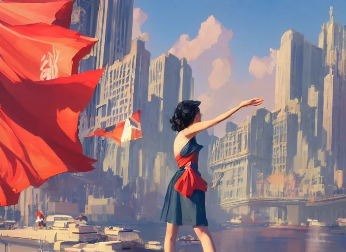 Prompt: gorgeous inspiring girl enthusiastically waving a red flag over her head to lead people in a Mandelbrot fractal bustling utopian NY by Craig Mullins, ilya kuvshinov, krenz cushart, artgerm trending on artstation by Edward Hopper and Dan Mumford and WLOP and Rutkovsky, Unreal Engine 5, Lumen, Nanite, low poly